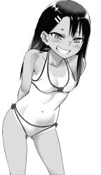 Rule 34 | 1girl, 774 (nanashi), arms behind back, bikini, black hair, blush, breasts, evil grin, evil smile, female focus, gluteal fold, greyscale, grin, ijiranaide nagatoro-san, looking at viewer, medium breasts, monochrome, nagatoro hayase, navel, one-piece tan, parted lips, simple background, smile, solo, standing, swimsuit, tan, tanline, teeth, transparent background