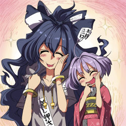 Rule 34 | 2girls, :d, ^ ^, ahoge, bangle, beige background, black sash, blue bow, blue hair, bow, bracelet, closed eyes, collarbone, commentary request, cowboy shot, debt, drawstring, gradient background, grey hoodie, hair between eyes, hair bow, hair intakes, hand on own cheek, hand on own face, hands up, head tilt, highres, hood, hoodie, japanese clothes, jewelry, kimono, long hair, long sleeves, multiple girls, no headwear, obi, open mouth, pink background, purple hair, red kimono, sash, short hair, short sleeves, smile, sparkle, sukuna shinmyoumaru, syope, touhou, upper body, very long hair, wide sleeves, yorigami shion
