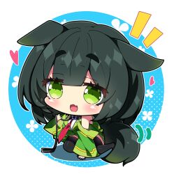 Rule 34 | 1girl, :d, animal ears, bare shoulders, black collar, black hair, black thighhighs, blue background, breasts, chibi, collar, commentary request, detached sleeves, fang, full body, green eyes, green jacket, green sleeves, heart, highres, jacket, kyoumachi seika, large breasts, long sleeves, looking at viewer, milkpanda, necktie, notice lines, open mouth, polka dot, polka dot background, red necktie, round image, shirt, short eyebrows, sitting, sleeveless, sleeveless jacket, sleeveless shirt, smile, solo, tail, thick eyebrows, thighhighs, two-tone background, voiceroid, wariza, white background, white shirt, wide sleeves
