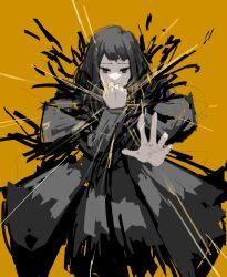 Rule 34 | 1girl, aiming, aiming at viewer, black cape, black capelet, black dress, cape, capelet, clenched hand, closed mouth, dress, highres, library of ruina, long sleeves, maxwell yaochu, project moon, simple background, sketch, smile, solo, yellow background, zena (project moon)