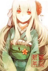 Rule 34 | 1girl, bad id, bad pixiv id, blonde hair, colored eyelashes, hair ribbon, highres, japanese clothes, jewelry, kagerou project, key, kimono, kozakura marry, lemontea, long hair, necklace, new year, obi, red eyes, ribbon, sash, solo, souzou forest (vocaloid), vocaloid