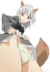 Rule 34 | 10s, 1girl, :p, animal ears, blush, brave witches, brown hair, edytha rossmann, from below, looking down, medium hair, panties, silver hair, solo, tail, tongue, tongue out, umanosuke, underwear, vest, world witches series