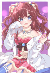 Rule 34 | 1girl, :3, ahoge, bare shoulders, blue eyes, blue thighhighs, blush, breasts, brown hair, cleavage, collarbone, detached collar, dress, earrings, garter straps, hair between eyes, hair ribbon, hakkaumai, hands up, highres, holding, ichinose shiki, idolmaster, idolmaster cinderella girls, idolmaster cinderella girls starlight stage, jewelry, lab coat, large breasts, long hair, long sleeves, looking at viewer, medium breasts, off shoulder, open mouth, pink dress, plaid, plaid dress, purple background, ribbon, sitting, sleeves past fingers, sleeves past wrists, smile, solo, test tube, thighhighs, twintails, wavy hair, yellow ribbon