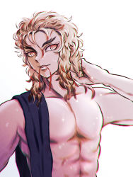 Rule 34 | 1boy, 510lilith, blonde hair, collarbone, gradient hair, hair between eyes, hand in own hair, highres, kimetsu no yaiba, long hair, male focus, mouth hold, multicolored hair, red eyes, red hair, rengoku kyoujurou, ribbon, ribbon in mouth, simple background, solo, towel, towel around neck, upper body, wet, wet hair, white background