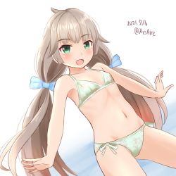 Rule 34 | 1girl, ame-san, bikini, breasts, commentary request, cowboy shot, dated, floral print, green bikini, green eyes, grey hair, kantai collection, long hair, looking at viewer, low twintails, mikura (kancolle), one-hour drawing challenge, small breasts, smile, solo, swimsuit, twintails, twitter username