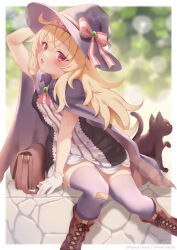 Rule 34 | 1girl, artist request, bag, bandaid, bandaid on knee, bandaid on leg, black cat, blonde hair, blush, boots, breasts, cape, cat, dress, gloves, hat, highres, little witch nobeta, long hair, looking at viewer, nobeta, official art, open mouth, outdoors, phyllis (cat) (little witch nobeta), phyllis (little witch nobeta), purple cape, purple thighhighs, red eyes, sitting, small breasts, solo, sunlight, thighhighs, white gloves, witch hat, zettai ryouiki