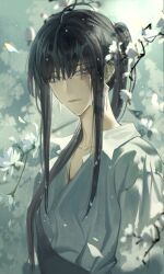 Rule 34 | 1girl, absurdres, ahoge, black hair, branch, collarbone, collared shirt, dangle earrings, earrings, falling petals, flower, from side, grey eyes, hair over eyes, highres, jewelry, long hair, looking at viewer, looking to the side, official alternate costume, path to nowhere, petals, ponytail, rahu (path to nowhere), scar, scar across eye, scar on face, shirt, sidelocks, solo, suanliu, wet, white flower, white gemstone, white petals, white shirt