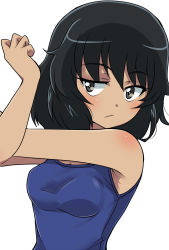 Rule 34 | 1girl, andou (girls und panzer), armpits, black hair, breasts, brown eyes, cleavage, dark-skinned female, dark skin, girls und panzer, highres, medium hair, messy hair, school swimsuit, simple background, solo, stretching, swimsuit, wakku kan, white background