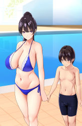 Rule 34 | 1boy, 1girl, absurdres, age difference, bikini, blue bikini, breasts, child, closed mouth, commentary request, height difference, highres, holding hands, large breasts, looking at another, marui koishi, navel, onee-shota, original, side-tie bikini bottom, smile, swimsuit