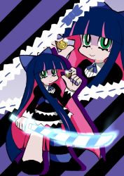 Rule 34 | 10s, 1girl, coin, dress, goth fashion, p.a.w, panty &amp; stocking with garterbelt, smile, solo, stocking (psg), stripes i &amp; ii, sword, weapon