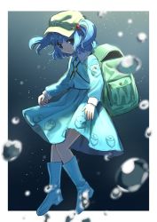 Rule 34 | 1girl, blue eyes, blue footwear, blue hair, blue skirt, boots, breasts, commentary request, full body, green hat, hair ornament, hat, highres, kawashiro nitori, long sleeves, looking at viewer, rubber boots, shirt, short hair, skirt, solo, suna (s73d), touhou, underwater, water