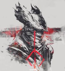 Rule 34 | 1boy, bicorne, bloodborne, coat, commentary, english commentary, hat, highres, hunter (bloodborne), looking at viewer, male focus, red eyes, sanpaku, shimhaq, solo, upper body
