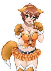 Rule 34 | 00s, 1girl, animal ears, breasts, brown hair, chinkyuu koudai, claws, cleavage, female focus, gloves, green eyes, ikkitousen, large breasts, official art, open mouth, short hair, skirt, solo, tail