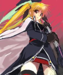 Rule 34 | 00s, 1girl, :o, bardiche (nanoha), bardiche (scythe form) (nanoha), black gloves, black ribbon, blonde hair, blush, cowboy shot, fate testarossa, fate testarossa (impulse form), floating hair, from below, gloves, hair ribbon, long sleeves, looking at viewer, looking down, lyrical nanoha, mahou shoujo lyrical nanoha, mahou shoujo lyrical nanoha strikers, open mouth, red eyes, ribbon, solo, standing, thighhighs, twintails, upskirt, wind