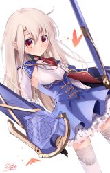 Rule 34 | 1girl, aiguillette, black gloves, blue cape, blue dress, blush, breasts, cape, cosplay, dress, fate/grand order, fate/kaleid liner prisma illya, fate (series), gloves, highres, illyasviel von einzbern, layered skirt, long hair, long sleeves, looking at viewer, melusine (fate), melusine (fate) (cosplay), melusine (second ascension) (fate), pei iriya, red eyes, sidelocks, skirt, small breasts, smile, solo, thighhighs, weapon, white hair, white skirt, white thighhighs