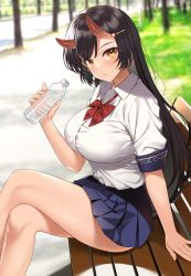 Rule 34 | 1girl, bench, black hair, blue skirt, blurry, blurry background, bottle, bow, bowtie, breasts, closed mouth, collared shirt, commentary request, crossed legs, day, enjo kouhai, feet out of frame, hair ornament, hairclip, hand up, highres, holding, holding bottle, horns, large breasts, long hair, looking at viewer, miniskirt, oni, origamine ouka, outdoors, pleated skirt, red bow, red bowtie, school uniform, shirt, shirt tucked in, short sleeves, sitting, skin-covered horns, skirt, solo, takunomi, taut clothes, taut shirt, thighs, tree, water bottle, wet, white shirt, wing collar, yellow eyes