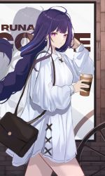 Rule 34 | 1girl, ahoge, alternate costume, bag, braid, casual, closed mouth, coffee cup, cowboy shot, cup, day, disposable cup, dress, earrings, from side, genshin impact, handbag, highres, holding, holding cup, jewelry, long hair, long sleeves, looking at viewer, looking to the side, outdoors, puffy long sleeves, puffy sleeves, purple hair, raiden shogun, reflection, runa (user guwn7382), shoulder bag, single braid, solo, very long hair, wheel, white dress