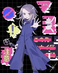 Rule 34 | 1boy, absurdres, ahoge, black background, black pants, blonde hair, blue coat, blue footwear, censored, censored text, coat, commentary request, foreshortening, glitch, highres, holding, holding sword, holding weapon, hwr33m, long hair, long sleeves, looking at viewer, makoto kagutsuchi, male focus, master detective archives: rain code, nervous sweating, open hand, open mouth, pants, purple eyes, road sign, sign, solo, sparkle, spoilers, stop sign, sweat, sword, translation request, warning sign, weapon