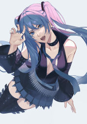 Rule 34 | 1girl, absurdres, black collar, black footwear, black jacket, black skirt, black sleeves, blue eyes, blue hair, boots, breasts, cleavage, collar, collarbone, detached sleeves, floating hair, grey background, grey nails, hagane miku, hair between eyes, hair ornament, hatsune miku, head tilt, highres, jacket, jewelry, kaveiz, long hair, long sleeves, looking at viewer, miniskirt, nail polish, no bra, open clothes, open jacket, open mouth, pleated skirt, ring, skirt, sleeveless, sleeveless jacket, small breasts, solo, thigh boots, thighhighs, twintails, very long hair, vocaloid, zettai ryouiki