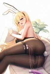 Rule 34 | 1girl, absurdres, animal ears, ass, azur lane, bare shoulders, black hairband, black leotard, blonde hair, blue eyes, blunt bangs, blush, breasts, cameltoe, cleft of venus, couch, dildo, fake animal ears, fake tail, fang, feet out of frame, hairband, heart, heart-shaped pupils, highres, laoan, large breasts, leotard, long hair, looking at viewer, lying, north carolina (azur lane), north carolina (the heart&#039;s desire) (azur lane), object insertion, official alternate costume, on couch, on side, open mouth, pantyhose, pillow, plant, playboy bunny, potted plant, rabbit ears, rabbit tail, sex toy, sideboob, skin fang, skindentation, solo, strapless, strapless leotard, sweat, symbol-shaped pupils, tail, thigh strap, very long hair, vibrator, vibrator under clothes, wrist cuffs