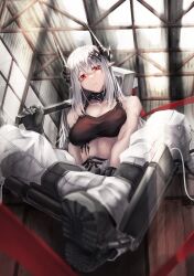 Rule 34 | 1girl, absurdres, arknights, bare arms, bare shoulders, black choker, black gloves, breasts, choker, cleavage, commentary request, gloves, head tilt, highres, horns, indoors, infection monitor (arknights), kuromu, large breasts, long hair, looking at viewer, midriff, mudrock (arknights), mudrock (elite ii) (arknights), pants, parted lips, pointy ears, red eyes, revision, sitting, solo, stomach, very long hair, white hair, white pants