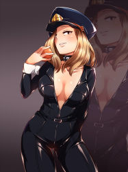 Rule 34 | 10s, 1girl, ball, black bodysuit, blonde hair, blush, bodysuit, boku no hero academia, breasts, choker, cleavage, collar, collarbone, commentary request, hadome, hat, highres, holding, holding ball, large breasts, lips, looking at viewer, no bra, parted lips, peaked cap, short hair, skin tight, solo, standing, unzipped, utsushimi kemii