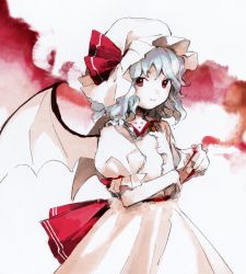 Rule 34 | 1girl, bat wings, dress, fingernails, flat chest, hat, highres, kaigen 1025, light smile, long fingernails, looking at viewer, mob cap, nail polish, non porn, puffy sleeves, red eyes, red nails, remilia scarlet, sharp fingernails, short sleeves, simple background, solo, touhou, white background, wings