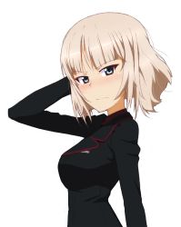 Rule 34 | 1girl, alternate hair length, alternate hairstyle, blue eyes, blunt bangs, blush, bob cut, closed mouth, from side, frown, girls und panzer, hand in own hair, itsumi erika, kayabakoro, kuromorimine military uniform, looking at viewer, short hair, silver hair, simple background, solo, upper body, white background, window
