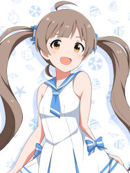 Rule 34 | 1girl, animal print, bare arms, bare shoulders, bird, blue bow, blue neckerchief, blue sailor collar, boat print, bow, breasts, brown hair, commentary request, dot nose, dress, drop shadow, fish print, hakozaki serika, idolmaster, idolmaster million live!, idolmaster million live! theater days, looking at viewer, neckerchief, open mouth, sailor collar, sailor swimsuit (idolmaster), seagull, simple background, sleeveless, sleeveless dress, small breasts, smile, solo, starfish, striped, striped bow, trinitro t, twintails, white background, white dress, yellow eyes