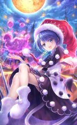 Rule 34 | 1girl, amusement park, black capelet, black dress, blue eyes, blue hair, blush, book, capelet, castle, crossed legs, doremy sweet, dress, ferris wheel, full moon, fuzzy footwear, goto p, grimoire, half-closed eyes, hat, holding, holding book, looking at viewer, moon, night, night sky, nightcap, official art, open book, open mouth, pom pom (clothes), red hat, roller coaster, short hair, sitting, sky, sleeveless, sleeveless dress, slime (substance), smile, socks, star (sky), star (symbol), tail, telekinesis, third-party source, touhou, touhou cannonball, turtleneck, turtleneck dress, two-tone dress, very short hair, white dress, white socks