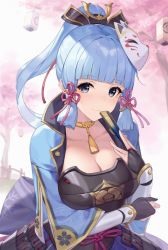 Rule 34 | 1girl, arm guards, armor, ayaka (genshin impact), back bow, blue eyes, blue hair, blush, bow, breastplate, breasts, bridal gauntlets, cherry blossoms, choker, cleavage, folded fan, closed mouth, collarbone, cowboy shot, fauls, folding fan, fox mask, genshin impact, hair ribbon, hand fan, hand on own arm, highres, holding, holding fan, japanese armor, large breasts, long hair, long sleeves, looking at viewer, mask, mask on head, mole, mole under eye, panye, pink ribbon, ponytail, purple bow, ribbon, smile, solo, spring (season), tassel, tree, tress ribbon, yellow choker