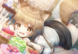 Rule 34 | + +, 1girl, animal ear fluff, animal ears, ass, blurry, blurry background, blush, brown eyes, brown hair, cake, clothes lift, drooling, food, fruit, long hair, lying, on stomach, open mouth, original, psyche3313, skirt, skirt lift, solo focus, strawberry, symbol-shaped pupils, tail
