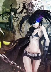 Rule 34 | 10s, 4girls, absurdres, belt, black gold saw, black hair, black rock shooter, black rock shooter (character), blue eyes, breasts, chain, dead master, dress, gloves, glowing, glowing eyes, green eyes, groin, high heels, highres, hjz (artemi), horns, long hair, multiple girls, red eyes, scar, shorts, skull, small breasts, star (symbol), strength (black rock shooter), sword, thighs, twintails, weapon