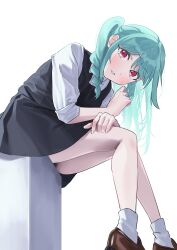 Rule 34 | 1girl, absurdres, aqua hair, black dress, blush, brown footwear, commentary request, dress, from below, highres, loafers, looking at viewer, love live!, love live! superstar!!, onitsuka tomari, parted lips, pinafore dress, red eyes, repurika, school uniform, shirt, shoes, sidelocks, sitting, sleeveless, sleeveless dress, socks, solo, summer uniform, twintails, upper body, white background, white shirt, white socks, yuigaoka school uniform
