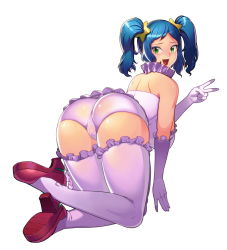 Rule 34 | 1girl, all fours, alternate hairstyle, ass, bad id, bad pixiv id, blue hair, breasts, cameltoe, coon, cosplay, elbow gloves, female focus, from behind, full body, gloves, green eyes, gundam, gundam build fighters, hair ornament, hanging breasts, high heels, highres, huge breasts, iori rinko, kirara (gundam bf), kirara (gundam bf) (cosplay), large breasts, looking back, mature female, miniskirt, open mouth, panties, pantyshot, purple panties, purple thighhighs, shoes, simple background, skirt, solo, sunrise (company), thighhighs, twintails, underwear, upskirt, v, white background