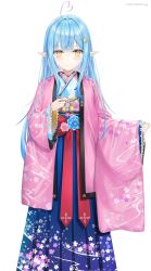 Rule 34 | 1girl, absurdres, ahoge, blue hair, blue hakama, blue nails, blush, bottle hair ornament, closed mouth, commentary request, crescent, crescent hair ornament, cup, elf, floral print, hair between eyes, hair ornament, hakama, hakama skirt, haori, heart, heart ahoge, highres, holding, holding cup, hololive, japanese clothes, kimono, long hair, long sleeves, looking at viewer, multicolored hair, nail polish, official art, pointy ears, print hakama, print kimono, rin yuu, simple background, skirt, smile, solo, streaked hair, tassel, virtual youtuber, white background, wide sleeves, yellow eyes, yukihana lamy, yukihana lamy (new year)