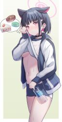 Rule 34 | 1girl, animal ears, black choker, black hair, black shorts, blue archive, blue jacket, bottle, breasts, cake, cake slice, cat ears, choker, colored inner hair, coma (light825), doughnut, extra ears, food, fruit, grey background, gym shirt, gym shorts, gym uniform, halo, highres, holding, holding bottle, jacket, kazusa (blue archive), macaron, medium breasts, midriff, multicolored hair, navel, pink hair, red eyes, shirt, short hair, shorts, simple background, solo, strawberry, strawberry shortcake, sweat, tears, track jacket, two-tone hair, water bottle, wet, wet clothes, wet shirt, white shirt, wiping tears