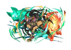 Rule 34 | 1girl, adachi yousuke, animal ears, barefoot, bastet (p&amp;d), black hair, braid, cat ears, cat tail, dark-skinned female, dark skin, fang, from side, full body, green eyes, hair ornament, headdress, highres, official art, open mouth, puzzle &amp; dragons, simple background, solo, star (symbol), tail, twin braids, white background