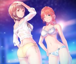 Rule 34 | 2girls, absurdres, anbe yoshirou, arm up, ass, bare arms, bare shoulders, bikini, blurry, blurry background, blush, breasts, brown hair, character request, cleavage, commentary request, fingernails, from behind, green eyes, grin, hand on own head, hand on own hip, highres, lips, long hair, looking at viewer, looking back, medium breasts, miyama tsubame, multiple girls, natsume itsumi, navel, one eye closed, orange hair, parted lips, school girl strikers, see-through, side-tie bikini bottom, smile, stomach, swimsuit, teeth, thighs, wet, wet clothes