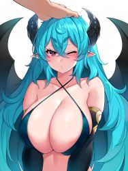 Rule 34 | 1boy, 1girl, absurdres, aqua hair, bare shoulders, bikini, black bikini, black wings, blush, breasts, cleavage, closed mouth, collarbone, commentary request, criss-cross halter, demon girl, demon horns, demon wings, detached sleeves, halterneck, headpat, highres, horns, large breasts, long hair, long sleeves, looking at viewer, original, pointy ears, pout, purple eyes, simple background, skindentation, solo focus, suruga (xsurugax), swimsuit, thick eyebrows, upper body, v-shaped eyebrows, very long hair, white background, wings