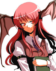 Rule 34 | 1girl, bad id, bad pixiv id, bat wings, book, face, female focus, head wings, holding, holding book, koakuma, kumadano, long hair, red eyes, red hair, smile, solo, embodiment of scarlet devil, touhou, wings