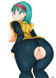Rule 34 | 1girl, absurdres, anus, ass, blue eyes, blush, bodysuit, breasts, breasts out, bulma, censored, cleft of venus, crotchless, dragon ball, dragonball z, female focus, from behind, green hair, groin, hairband, highres, large breasts, leaning forward, legs, looking back, medium hair, morris1611, mosaic censoring, nipples, no panties, nose blush, pantyhose, parted lips, pussy, red hairband, simple background, solo, thighs, torn clothes, torn pantyhose, white background, yellow bodysuit
