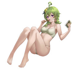Rule 34 | 1girl, ahoge, alternate costume, bare arms, bare legs, bare shoulders, barefoot, breasts, cleavage, collarbone, collei (genshin impact), crossed bangs, full body, genshin impact, green hair, green panties, green sports bra, hair ornament, highres, holding, holding notepad, holding pen, invisible chair, knees up, leaning back, looking at viewer, lunacle, medium breasts, medium hair, notepad, panties, pen, pen to mouth, purple eyes, simple background, sitting, solo, sports bra, stomach, toes, underwear, underwear only, white background