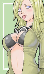 Rule 34 | 1girl, 5tatsu, :p, bad id, bad pixiv id, blonde hair, blue eyes, bra, breasts, eva (metal gear), goggles, goggles around neck, jumpsuit, konami, large breasts, lingerie, lowres, metal gear (series), metal gear solid: portable ops, metal gear solid 3: snake eater, navel, one eye closed, open clothes, open shirt, shirt, smile, solo, tongue, tongue out, underwear, wink