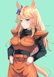 Rule 34 | 1girl, alternate costume, android 18, android 18 (cosplay), animal ears, aqua background, black sweater, blonde hair, blue bow, blue eyes, blue nails, blush, bow, commentary request, cosplay, cowboy shot, cropped jacket, dragon ball, dragon ball (classic), ear bow, gold city (umamusume), hands on own hips, highres, horse ears, horse girl, horse tail, jacket, long hair, long sleeves, multicolored nails, nail polish, orange jacket, orange skirt, red nails, school uniform, simple background, skirt, sleeveless, sleeveless jacket, solo, sweater, tail, umamusume, v-shaped eyebrows, yuutopia