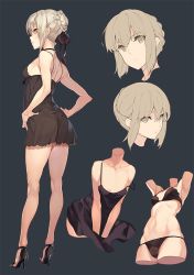 Rule 34 | 1girl, armpits, artoria pendragon (all), artoria pendragon (fate), ass, back, black bra, black dress, black panties, blonde hair, bra, braid, breasts, cameltoe, choker, closed mouth, collarbone, cropped arms, cropped legs, dress, fate/grand order, fate (series), french braid, from behind, full body, groin, hair ribbon, hands on own hips, high heels, hip bones, lace, lace-trimmed bra, lace-trimmed panties, lace trim, looking back, lowleg, lowleg panties, multiple views, navel, oneko, panties, ribbon, saber alter, see-through, short dress, shoulder blades, sidelocks, simple background, small breasts, standing, stomach, strappy heels, string panties, underwear, underwear only, yellow eyes