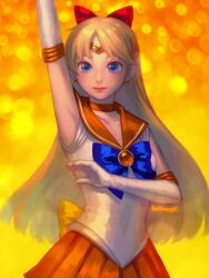 Rule 34 | 1girl, aino minako, arm up, artist name, back bow, bellhenge, bishoujo senshi sailor moon, blonde hair, blue bow, blue bowtie, blue eyes, bow, bowtie, chest jewel, choker, circlet, closed mouth, collarbone, collared leotard, commentary, earrings, elbow gloves, english commentary, eyelashes, gloves, hair bow, jewelry, leotard, lipstick, long hair, looking at viewer, makeup, miniskirt, orange choker, orange gemstone, orange sailor collar, orange skirt, parted bangs, pink lips, red bow, sailor collar, sailor venus, skirt, smile, sparkle, sphere earrings, upper body, white gloves, white leotard, yellow background, yellow bow