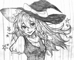 Rule 34 | 1girl, bow, braid, breasts, chinese commentary, commentary request, frilled hat, frills, graphite (medium), greyscale, hair between eyes, hat, hat bow, highres, kirisame marisa, long hair, monochrome, open mouth, puffy short sleeves, puffy sleeves, short sleeves, small breasts, smile, solo, touhou, traditional media, vest, xianyujunzhimiyingla