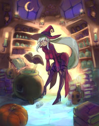 Rule 34 | 1girl, absurdres, ben 10, book, boots, breasts, charmcaster, freddyhalloween, hat, high heel boots, high heels, highres, lipstick, long hair, makeup, ponytail, pumpkin, purple eyes, thigh boots, thighhighs, white hair, witch hat