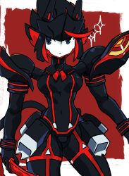 Rule 34 | 10s, 1girl, absurdres, bad id, bad pixiv id, black hair, blue eyes, breasts, colored skin, commentary, creator connection, darling in the franxx, english commentary, fusion, highres, joints, kill la kill, matoi ryuuko, medium breasts, multicolored hair, red hair, robot joints, scissor blade (kill la kill), senketsu, short hair, solo, strelizia, symbol-shaped pupils, tail, thrusters, trigger (company), two-tone hair, weapon, white skin, zanamaoria